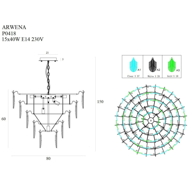 Lampe suspendue ARWENA 15xE14 - or Cristal