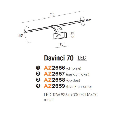 Applique DAVINCI 70 LED 12W 3000K - or 