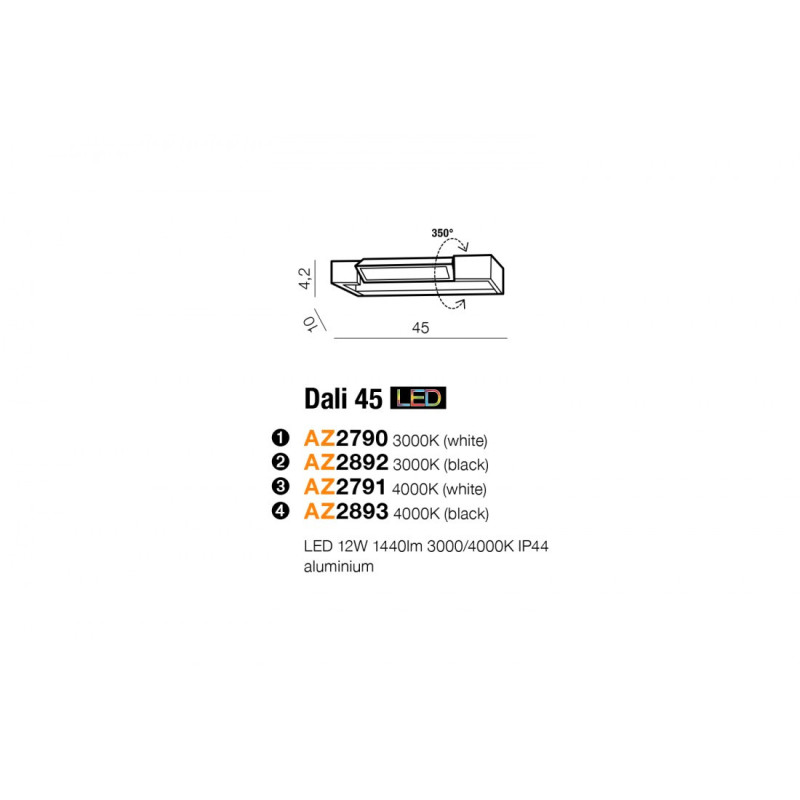 Applique DALI 45 LED 12W 1440lm 4000K IP44 noir 