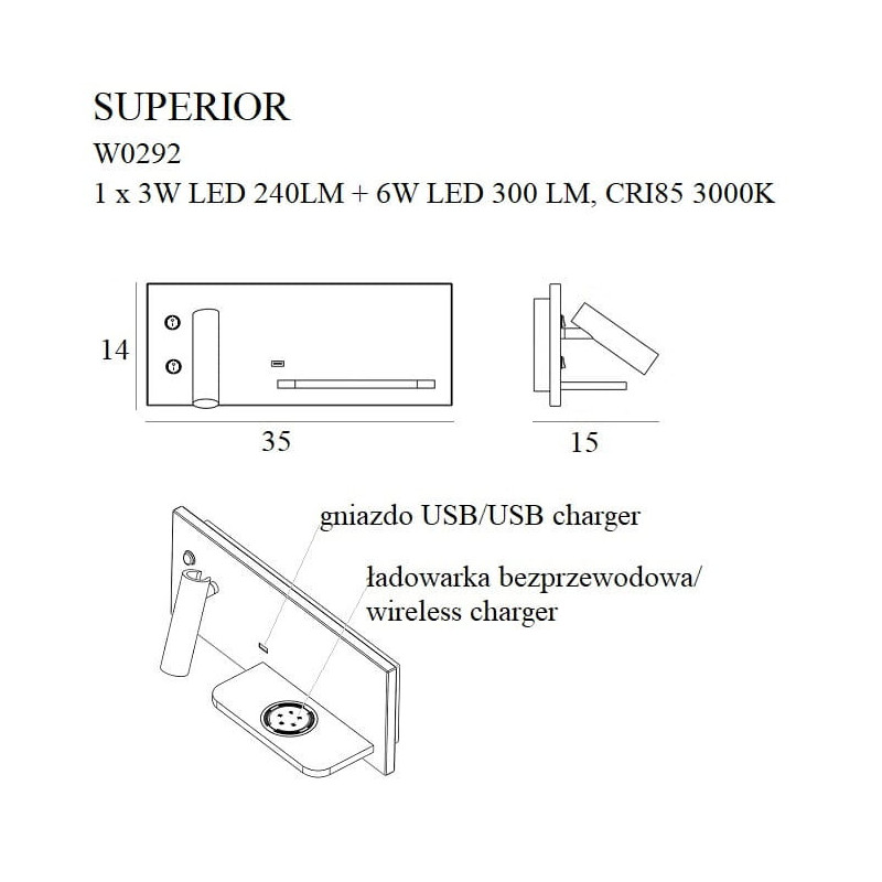 Applique SUPERIOR Droit LED 9W 3000W USB C + chargeur induction - noir 