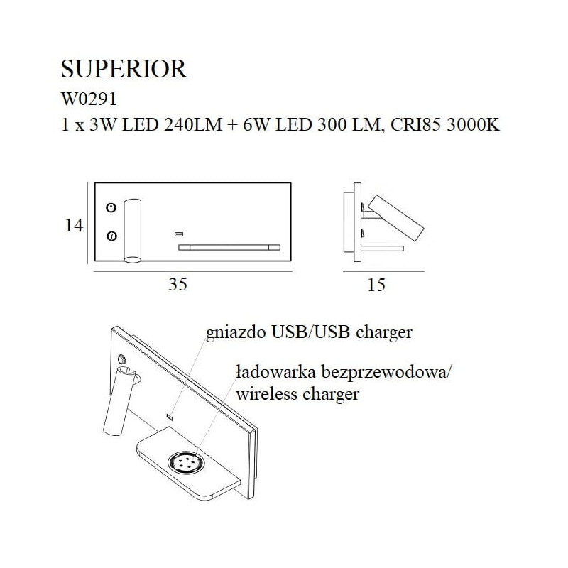 Applique SUPERIOR Droit LED 9W 3000W USB C + chargeur induction - blanc 