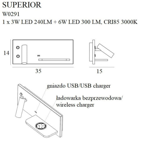 Applique SUPERIOR Droit LED 9W 3000W USB C + chargeur induction - blanc 