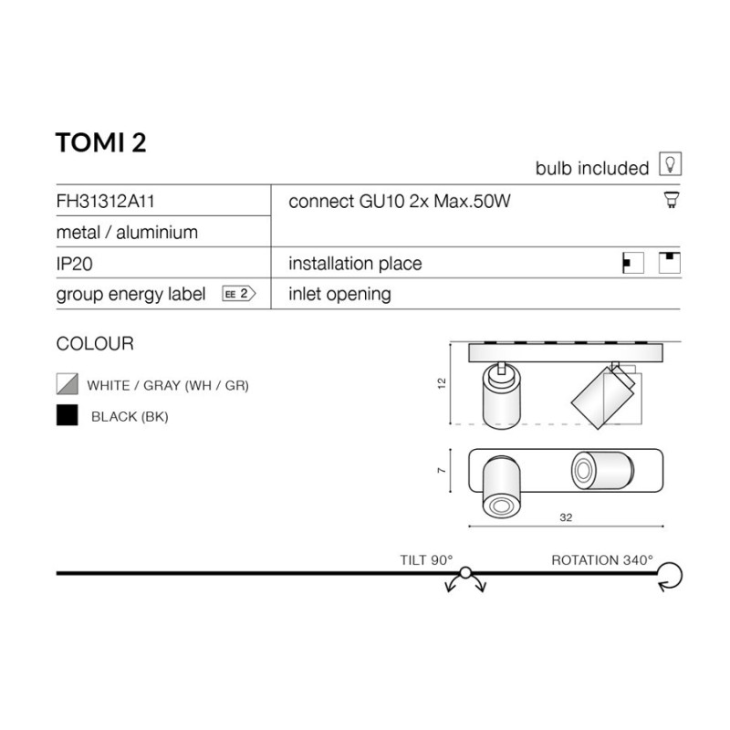 Applique et plafonnier TOMI 2 GU10 2x50W blanc, gris 