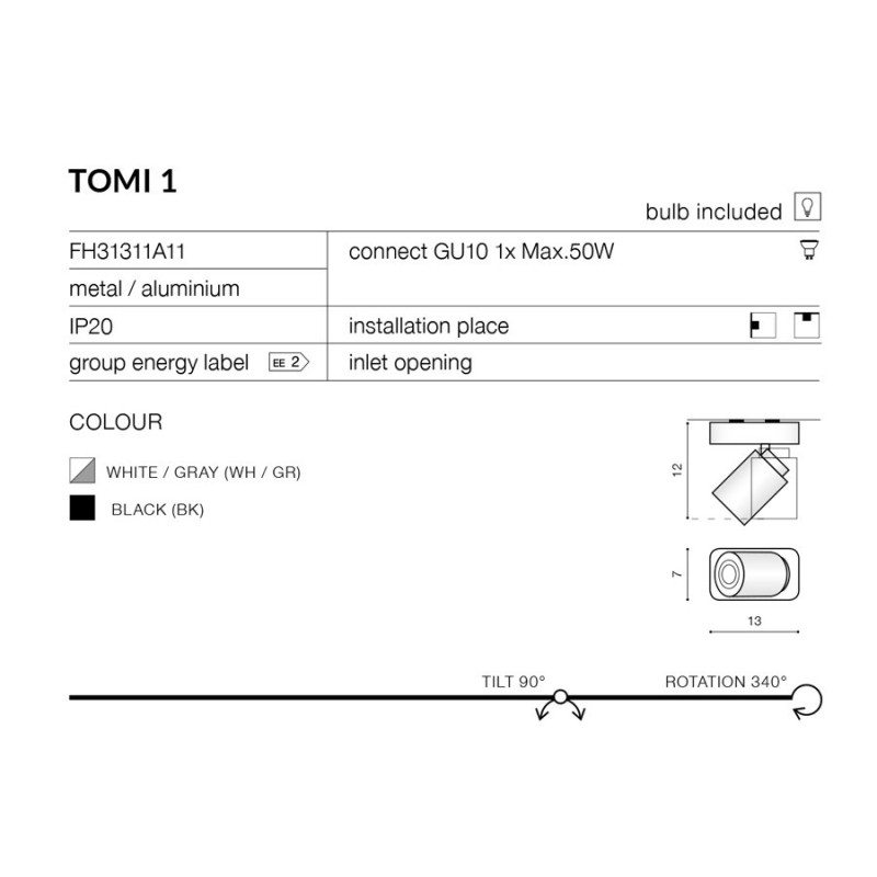 Applique et plafonnier TOMI 1 GU10 50W noir 