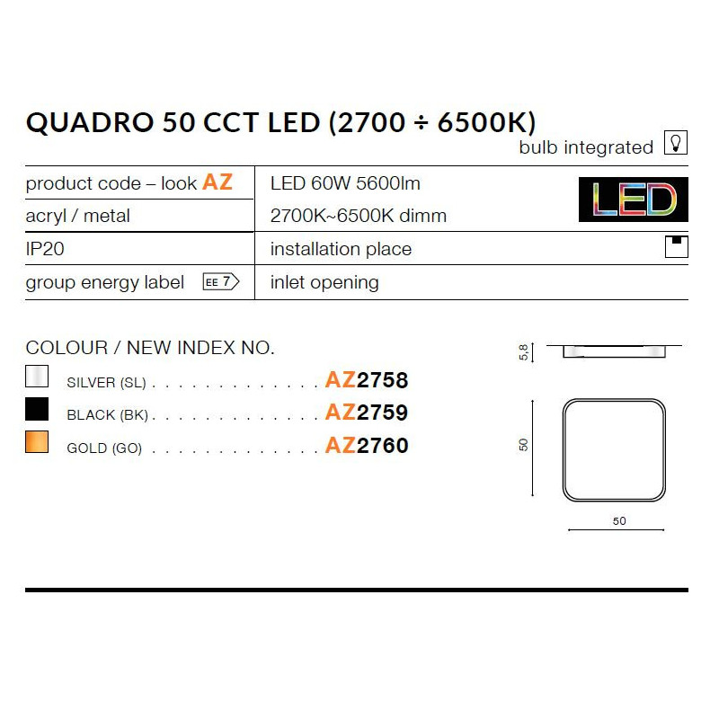 QUADRO 50 CCT LED 60W 2700K-6500K plafond - or 