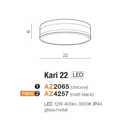 Plafonnier KARI 22 LED 12W 3000K IP44 - chrome 