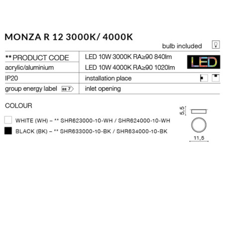 Plafonnier MONZA R 12 LED 10W 3000K noir 
