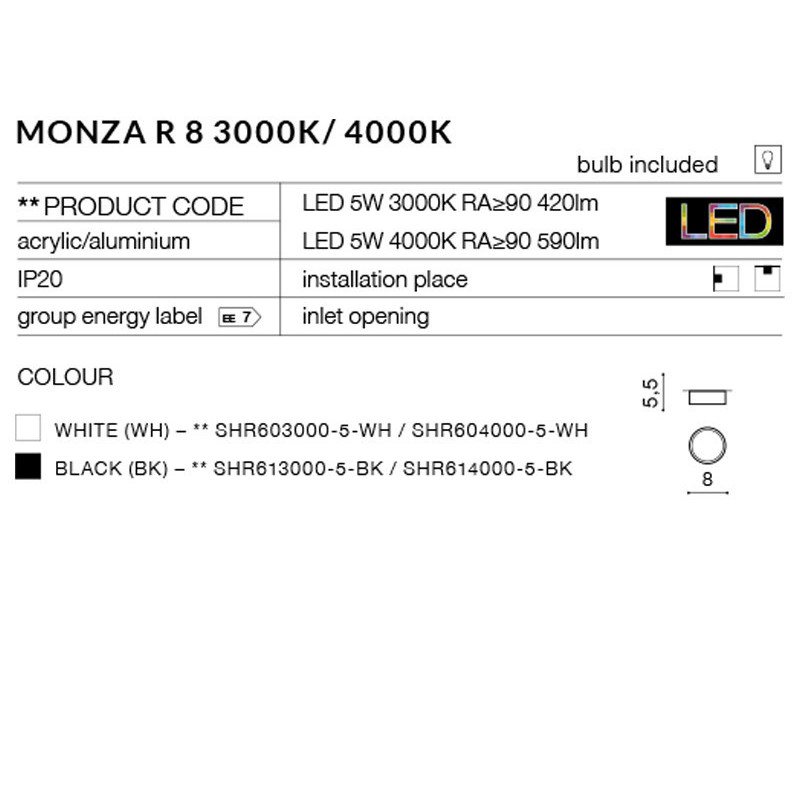 Plafonnier MONZA R 8 LED 5W 3000K noir 