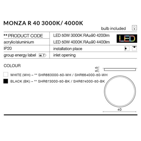 Plafonnier MONZA R 40 LED 50W 3000K noir 