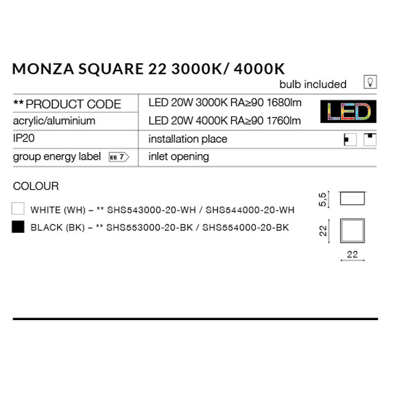 Plafonnier MONZA SQ 22 LED 20W 3000K noir 