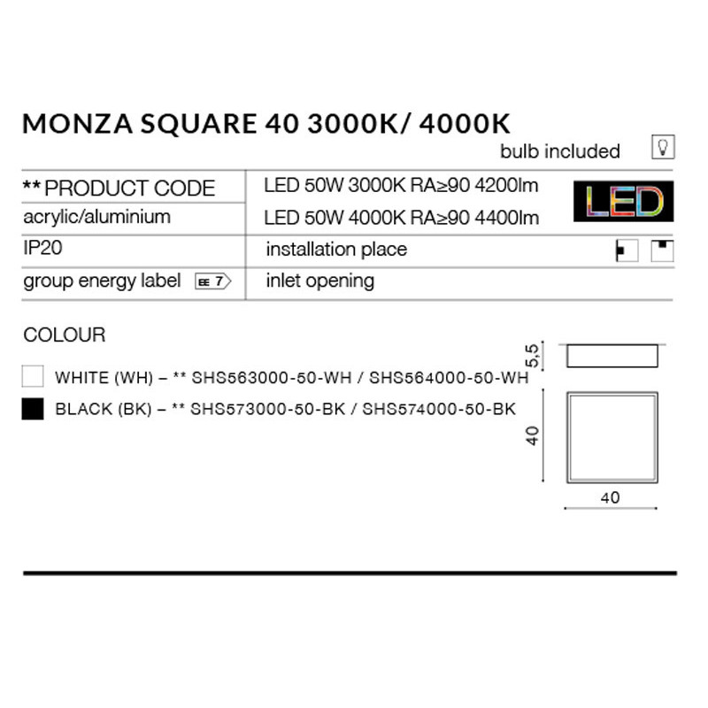 Plafonnier MONZA SQ 40 LED 50W 3000K noir 