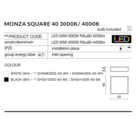 Plafonnier MONZA SQ 40 LED 50W 3000K noir 