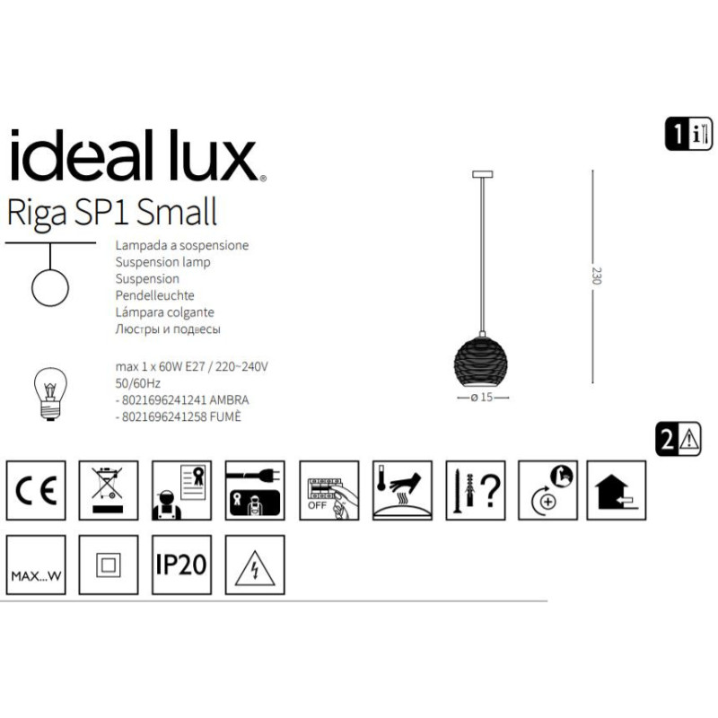 Suspension luminaire design RIGA SP1 SMALL E27 - transparent / ambre