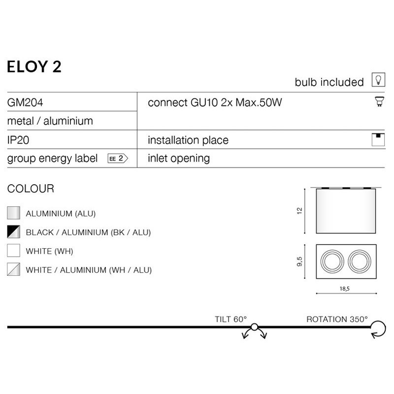 Spot ELOY 2 GU10 2x50W blanc, aluminium 