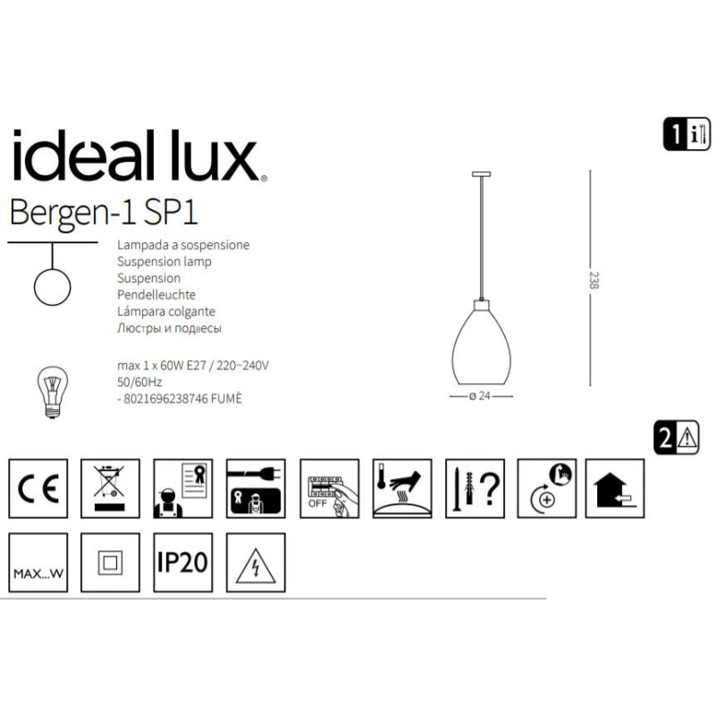 Suspension luminaire BERGEN-1 SP1 E27 - noir / fumé