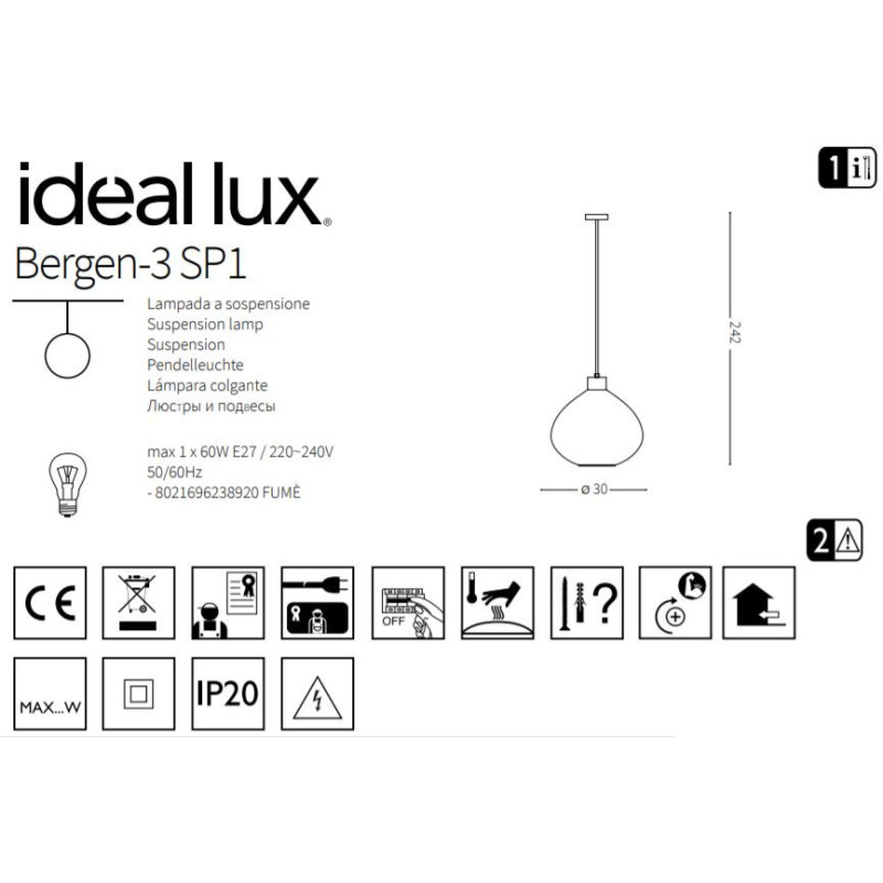 Suspension design BERGEN-3 SP1 E27 - noir / fumé