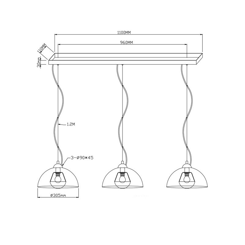 Suspension industrielle ANTENNE 3xE27 - noir / or