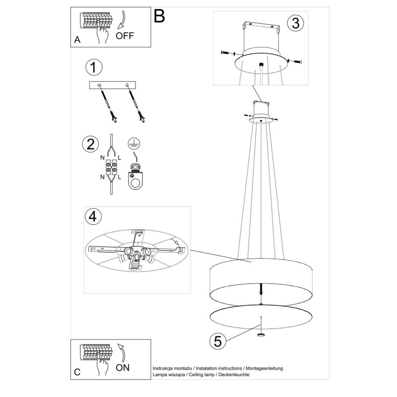 Lampe en suspension abat jour Design SKALA 60cm 5xE27 - noir