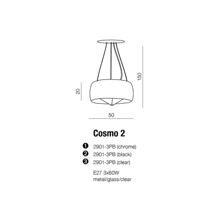 Lampe Suspendue avec abat-jou COSMO 2 E27 3x60W chromé