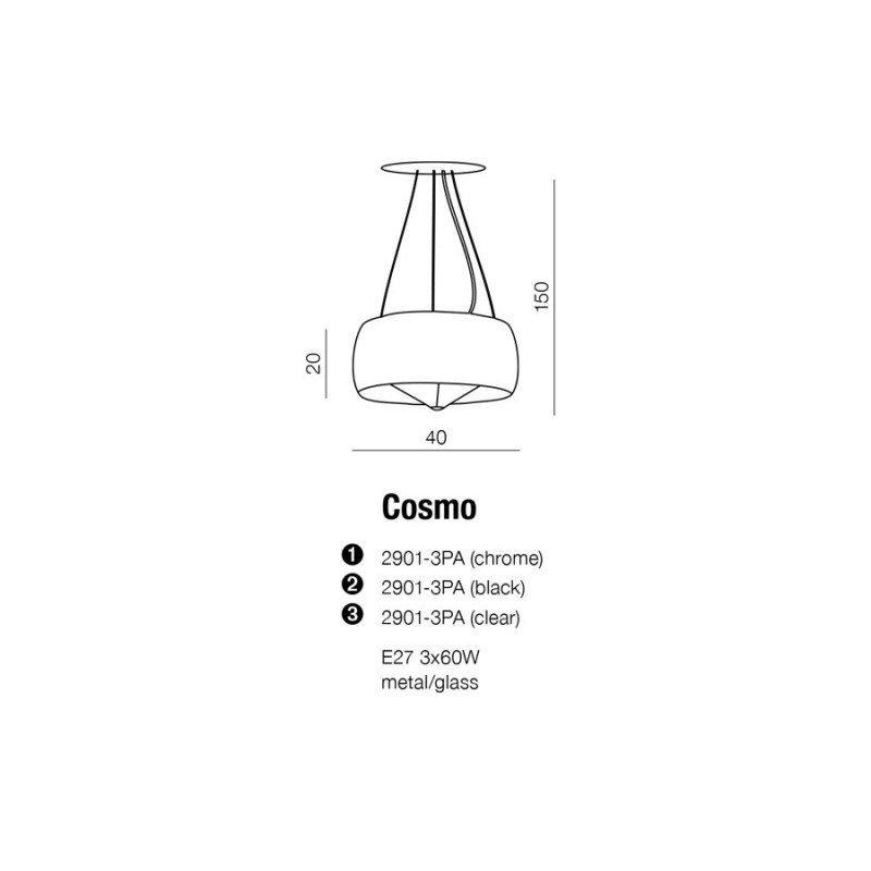 Lampe en suspension abat jour Design COSMO E27 3x60W noir