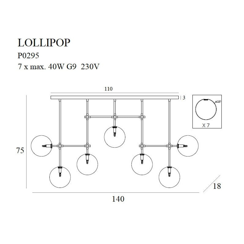 Suspension luminaire design LOLLIPOP 7xG9 - or