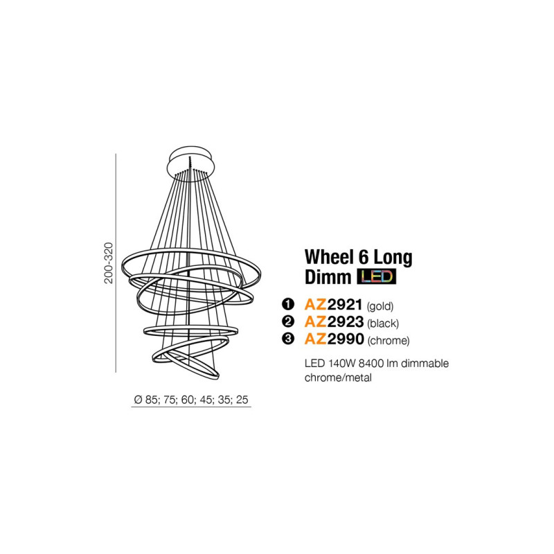 Luminaire Design suspendue WHEEL 6 Long DIM LED 140W 3000K - noir