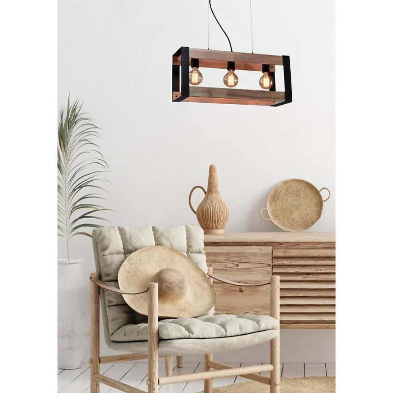 Suspension industrielle Design VARNA 3xE27 - noir / bois