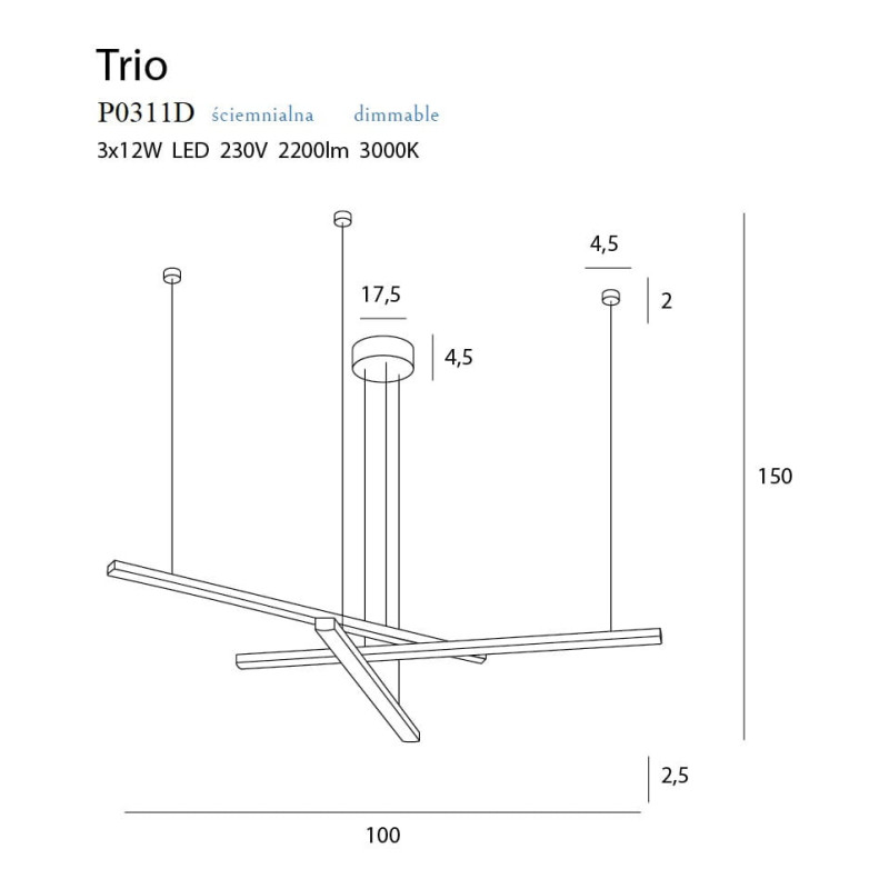 Lampe Design suspendue TRIO LED 36W 3000K DIM - noir