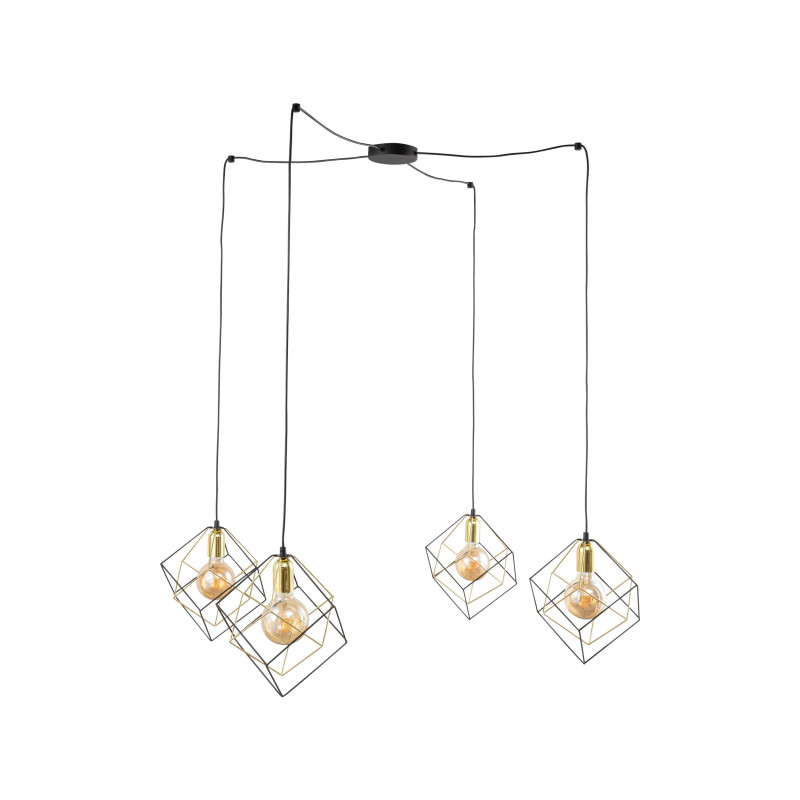 Suspension ALAMBRE 4 abat-jour cage cubes metal noir et doré Industriel 