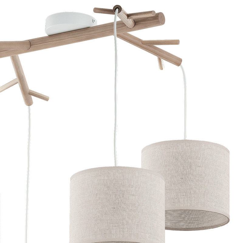 Suspension ALBERO LINEN 4 abat-jour Lin beige gris et bois Scandinave 