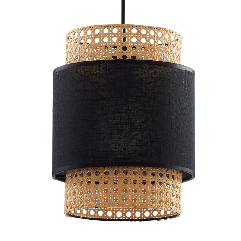 Suspension BOHO BLACK rond 20cm rotin et tissu noir Bohème 