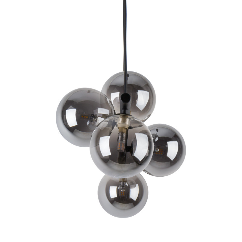 Suspension ESTERA BLACK 5 boules verre gris fumé et metal noir Design chic 