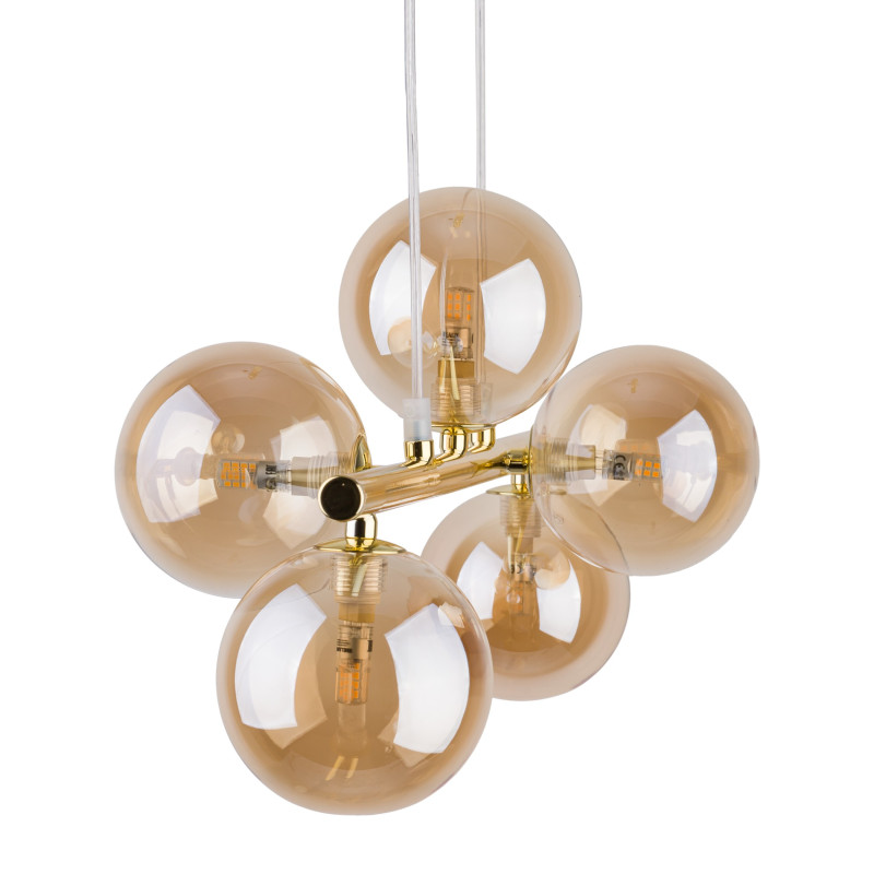 Suspension ESTERA GOLD 5 boules verre ambré et metal doré Design chic 