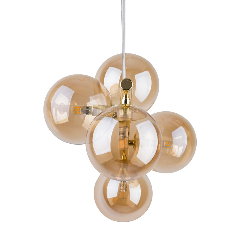 Suspension ESTERA GOLD 5 boules verre ambré et metal doré Design chic 