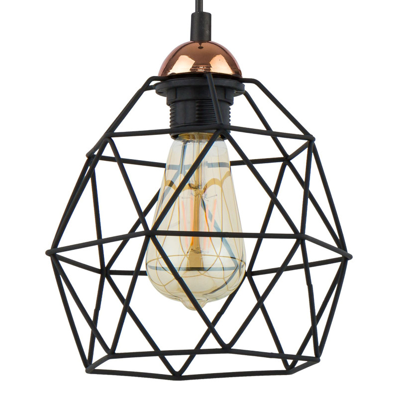 Suspension GALAXY NEW abat-jour cage forme diamant en métal noir douille or Industriel 