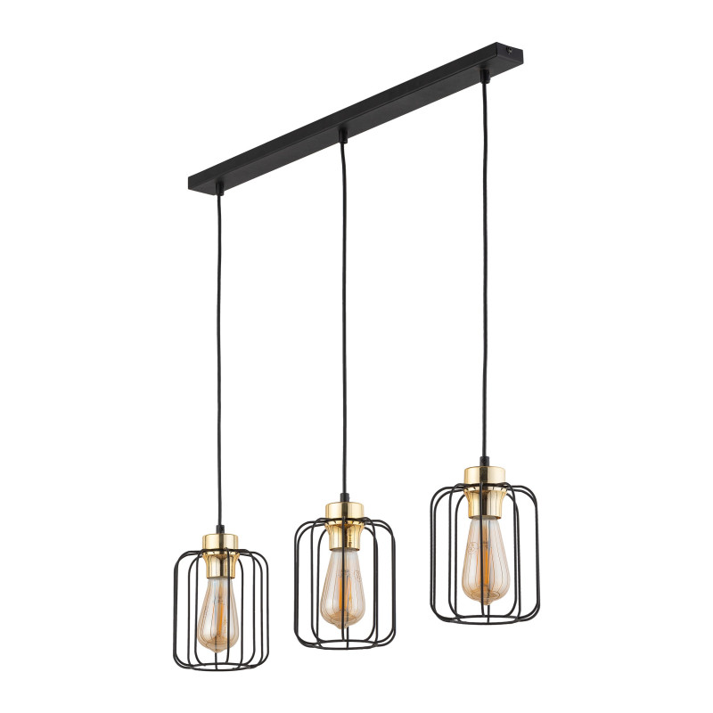 Suspension GALAXY NEW 3 abat-jour cage cylindre alignés en metal noir douille or Industriel 