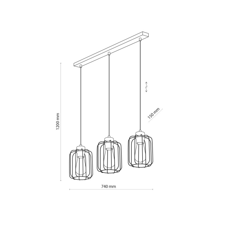 Suspension GALAXY NEW 3 abat-jour cage cylindre alignés en metal noir douille or Industriel 