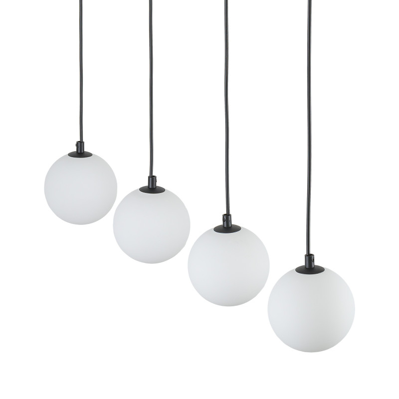 Suspension MARTIN 4 boules alignées verre blanc et metal noir Minimaliste 