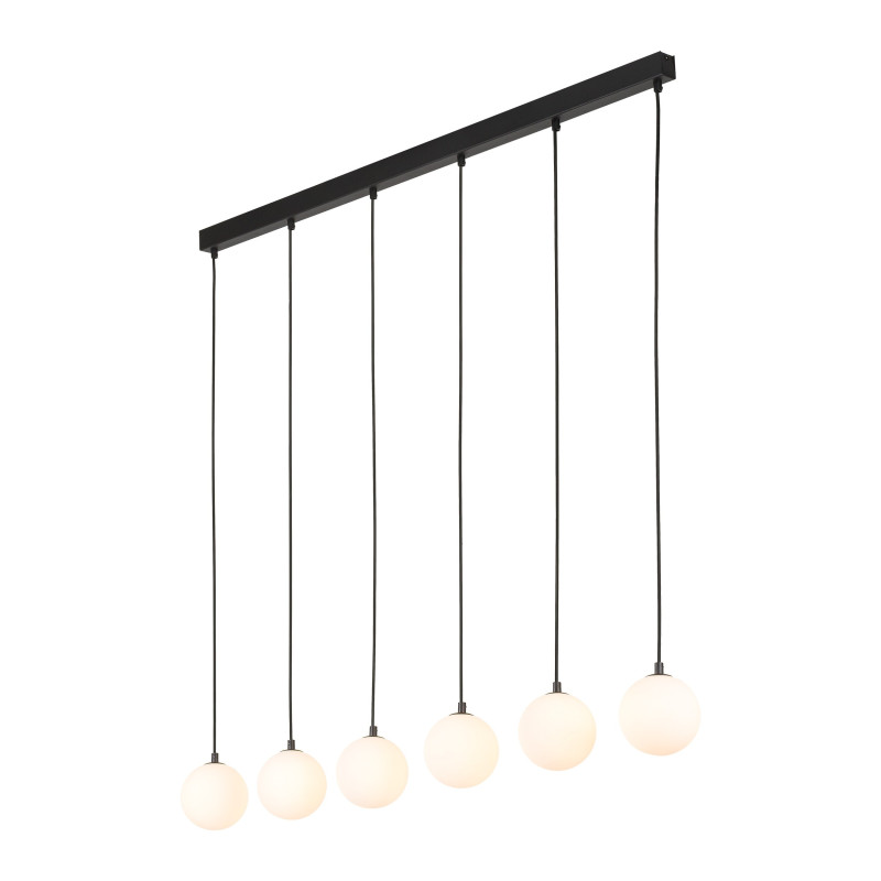 Suspension MARTIN 6 boules alignées verre blanc et metal noir Minimaliste 