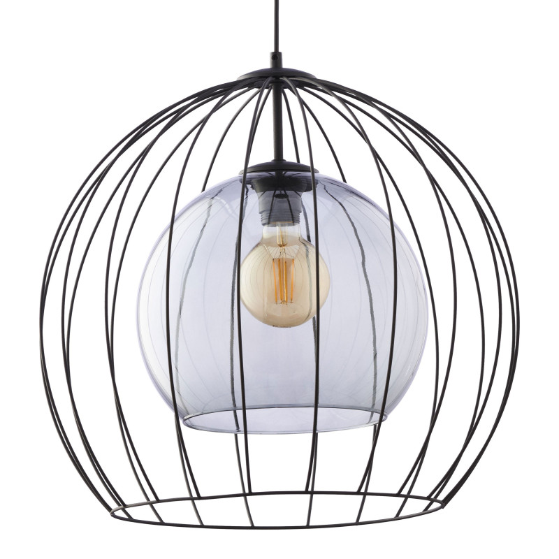 Suspension UNIVERSO BLACK H50cm abat-jour boule verre et cage métal noir Industriel 