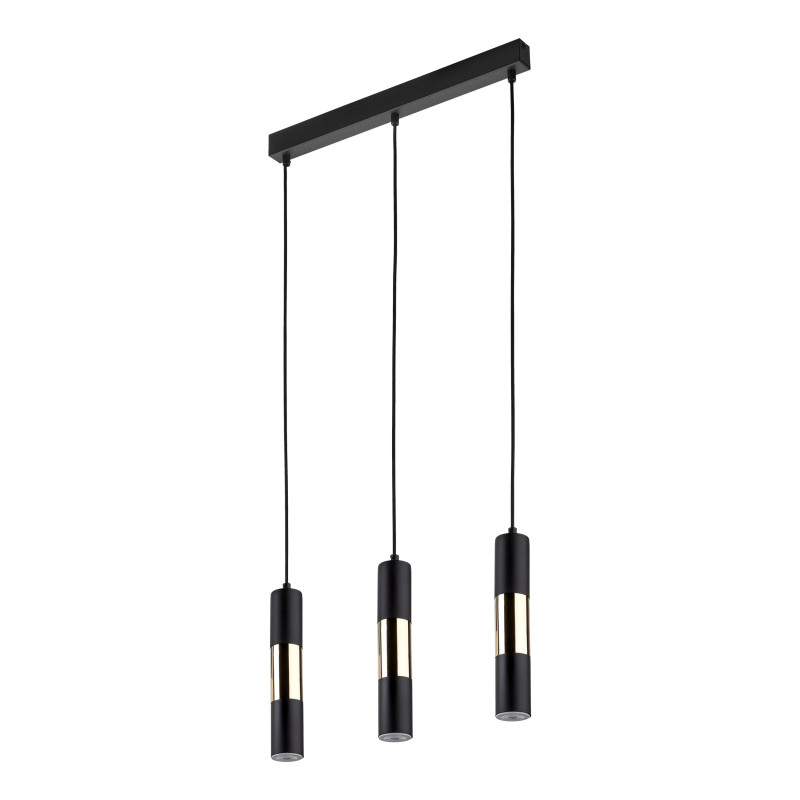 Suspension VIVIEN BLACK/GOLD 3 abat-jour alignés metal noir et bois Industriel 