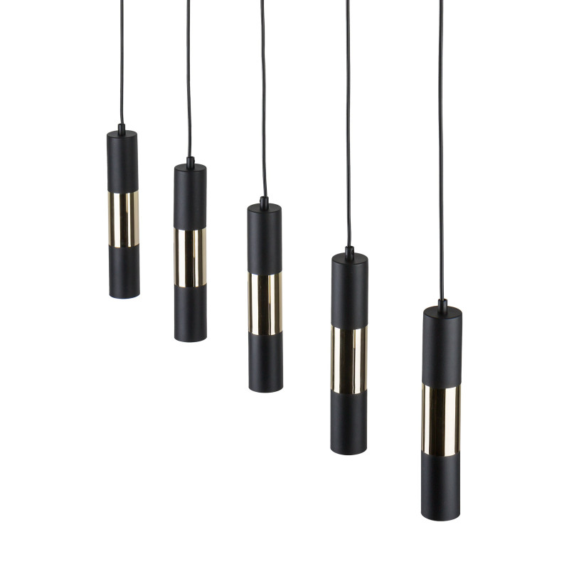 Suspension VIVIEN BLACK/GOLD 4 abat-jour alignés metal noir et bois Industriel 