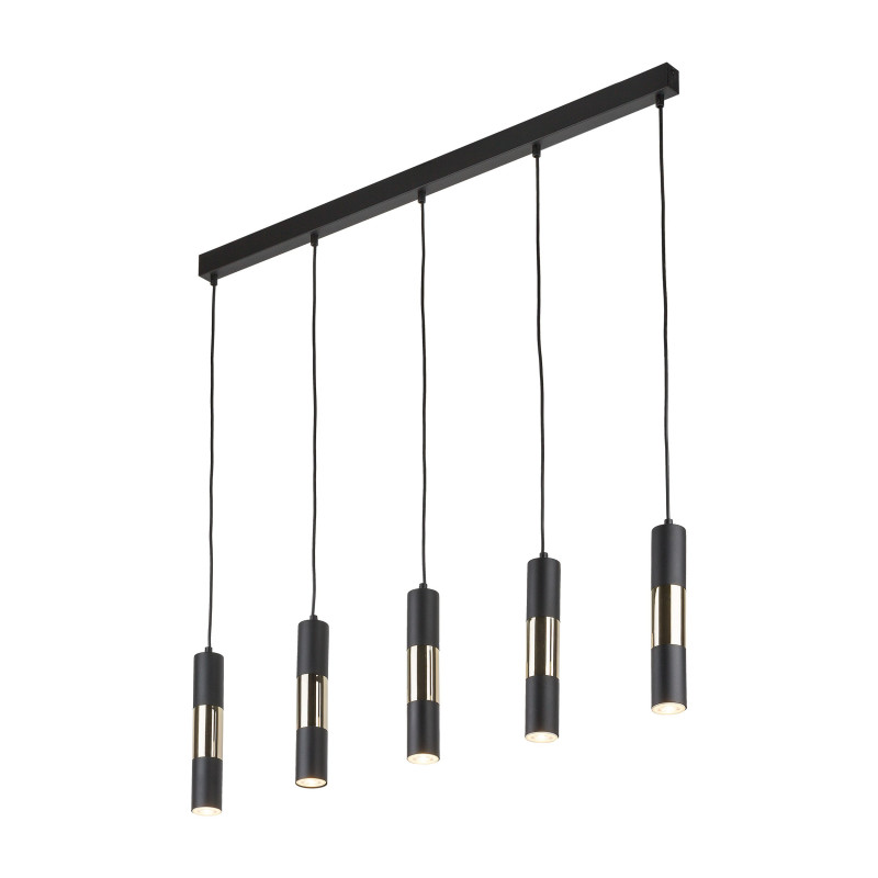 Suspension VIVIEN BLACK/GOLD 4 abat-jour alignés metal noir et bois Industriel 