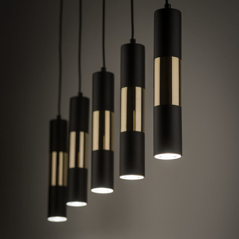 Suspension VIVIEN BLACK/GOLD 4 abat-jour alignés metal noir et bois Industriel 