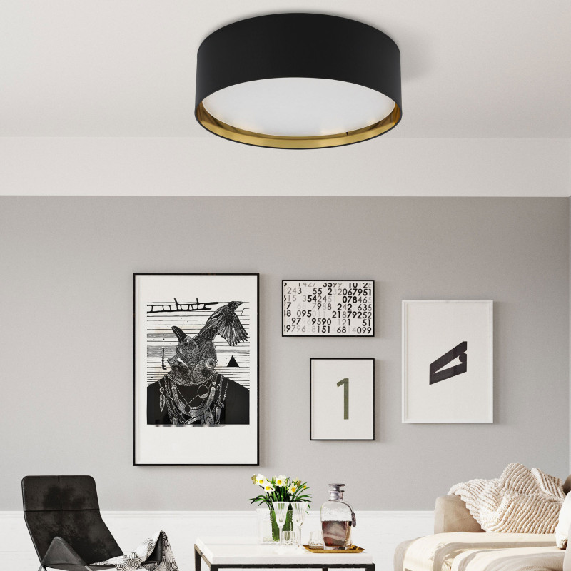 Plafonnier BILBAO BLACK/GOLD rond 60cm tissu noir intérieur doré Design Minimaliste 