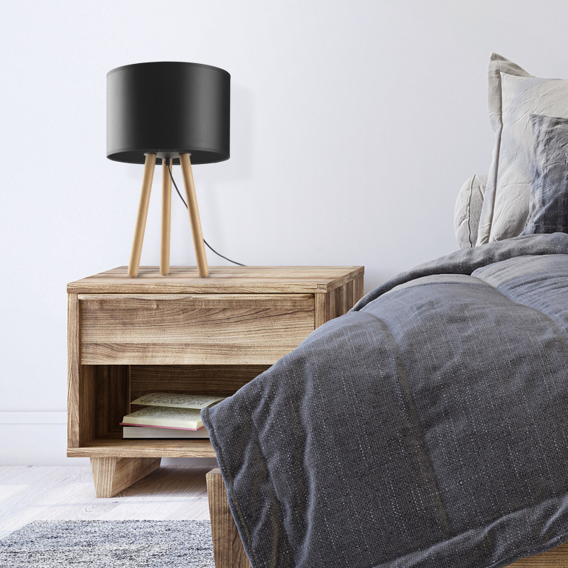 Lampe à poser TOKYO BLACK bois clair et tissu noir Nature Scandinave 