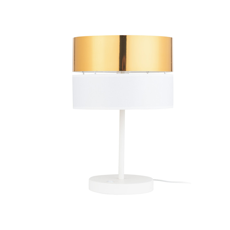 Lampe à poser HILTON WHITE/GOLD abat-jour bi-matière tissu blanc metal doré Design chic 