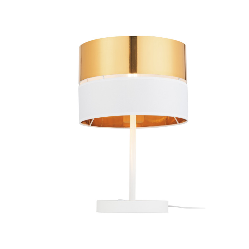 Lampe à poser HILTON WHITE/GOLD abat-jour bi-matière tissu blanc metal doré Design chic 