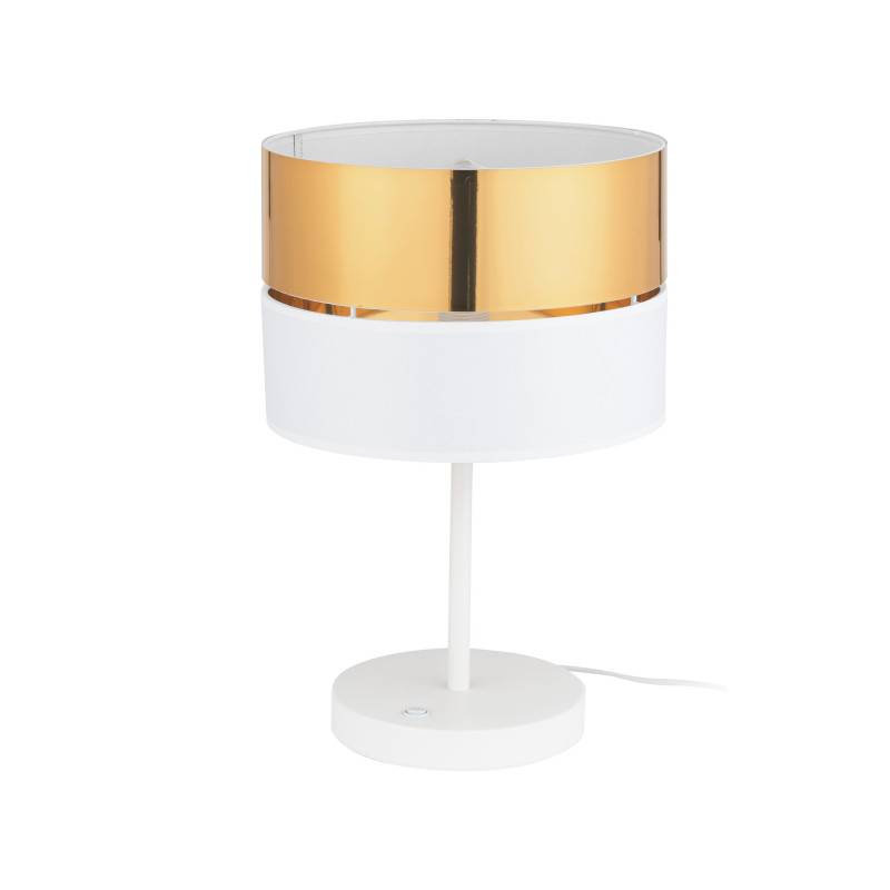 Lampe à poser HILTON WHITE/GOLD abat-jour bi-matière tissu blanc metal doré Design chic 