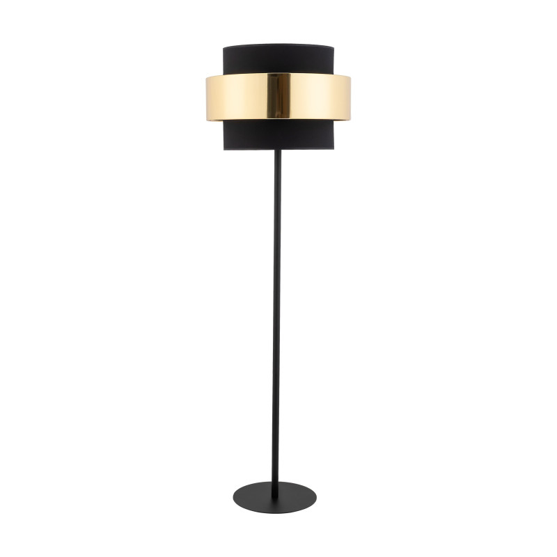 Lampadaire CALISTO NEW abat-jour bi-matière tissu noir metal doré Design chic 